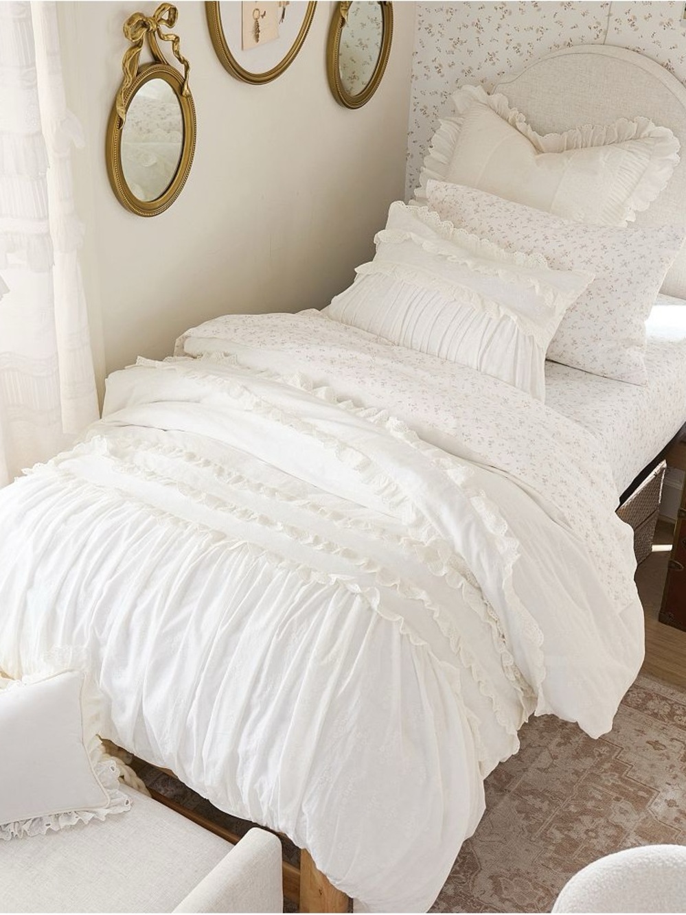 LoveShackFancy Ivory Ruffled Cotton Duvet Cover & Sham